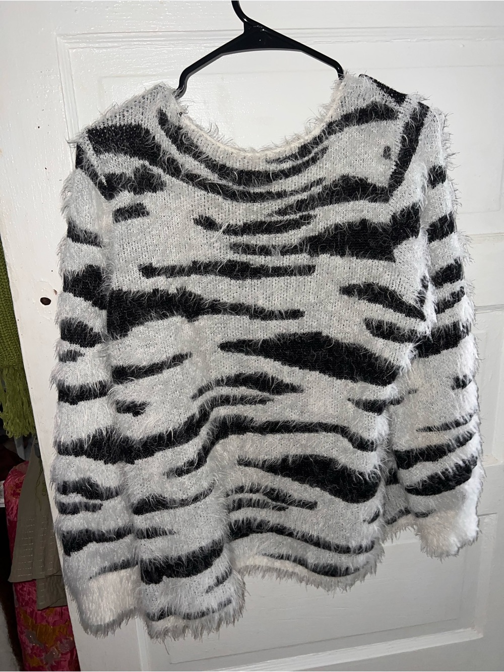 NY Collection Black and White Fuzzy Zebra Crewneck Sweater